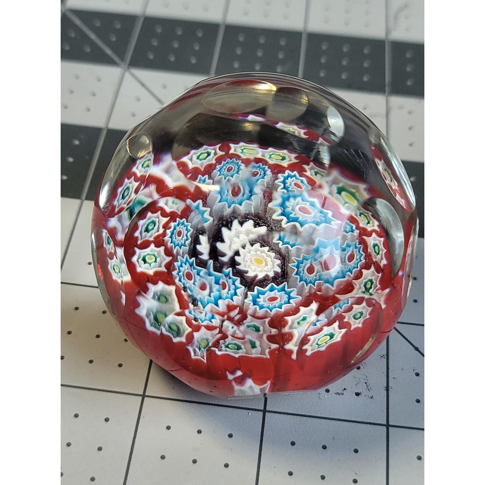 Vintage Red White & Blue Concentric Millefiori Faceted Paperweight